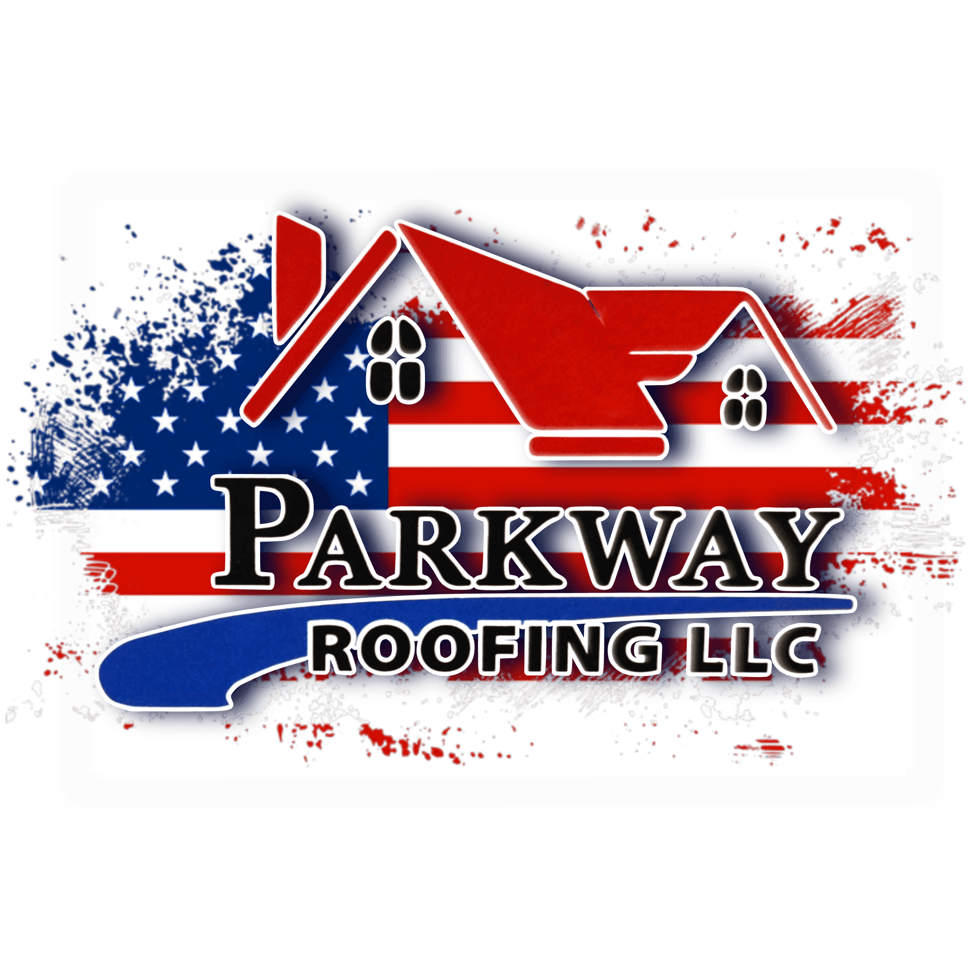 Logo of Parkway Roofing LLC with a red roof design over an American flag background.